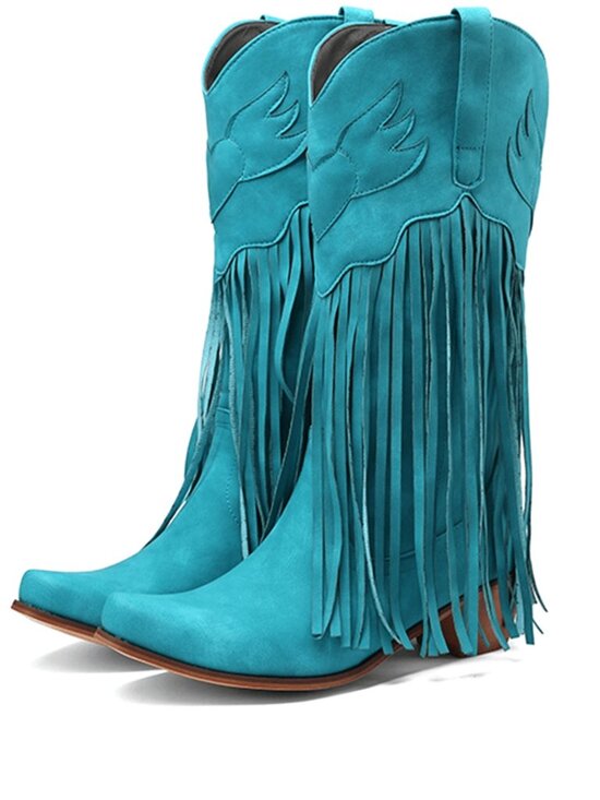Blue Turquoise  Western Women's Cowboy Mid Calf Fringe Pull On Boots - Picture 4 of 7